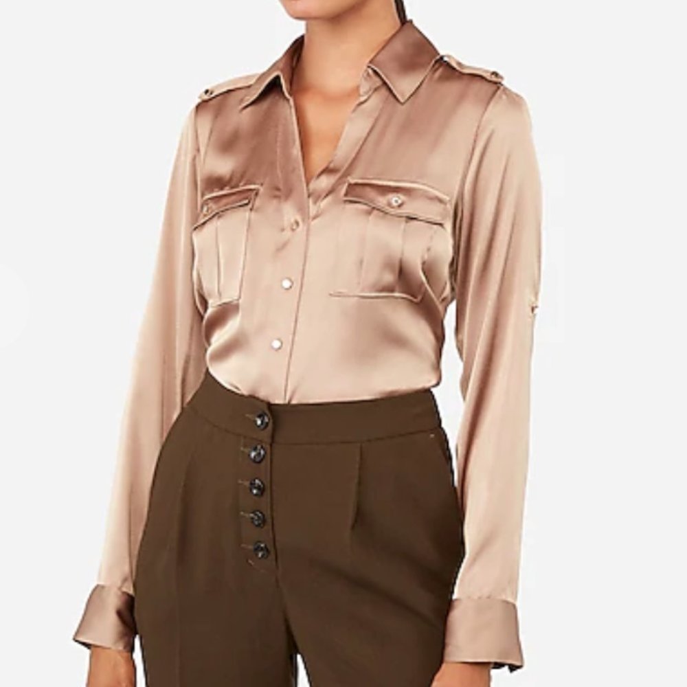 Slim Fit Satin Military Portofino Shirt EXPRESS Collared Button Up XS - NWT